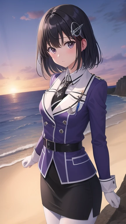 ((masterpiece)),(best quality),official art,extremely detailed CG,unity 8k wallpaper,ultra detailed,A lighthouse on a cliff by the sea,1girl,solo,cowboy shot,white_pantyhose,black_necktie,hair_ornament,short_hair,black_hair,military_uniform,black_eyes,white_gloves,purple jacket,pencil_skirt,black_skirt,brown_eyes,elbow_gloves,