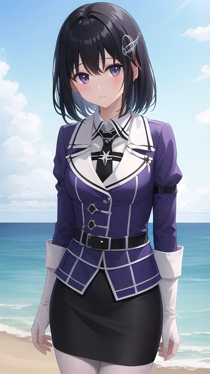 ((masterpiece)),(best quality),official art,extremely detailed CG,unity 8k wallpaper,ultra detailed,A lighthouse on a cliff by the sea,1girl,solo,cowboy shot,white_pantyhose,black_necktie,hair_ornament,short_hair,black_hair,military_uniform,black_eyes,white_gloves,purple jacket,pencil_skirt,black_skirt,brown_eyes,elbow_gloves,