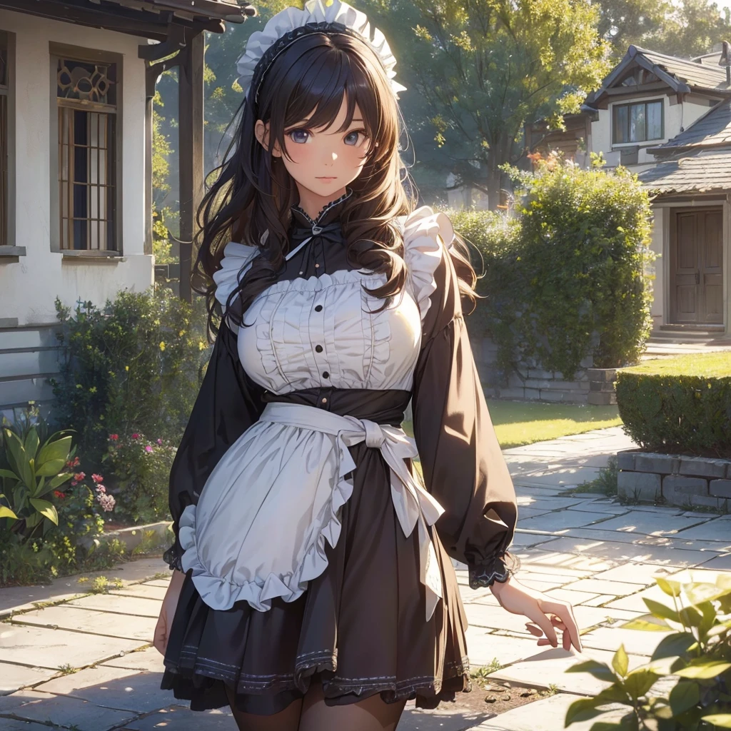masterpieces,best quality,(ultra_detailed),3D,(realistic:1.9),(photorealistic:1.9),(light falloff at edges:1.9),shallow depth of field,sensual girl,in garden,at morning,western‐style house in the background,plump,(brown _pantyhose,)wavy long hair,built bangs,drooping eyes,wide-set eyes,lovely round eyes,looking away,round face, (maid costume),