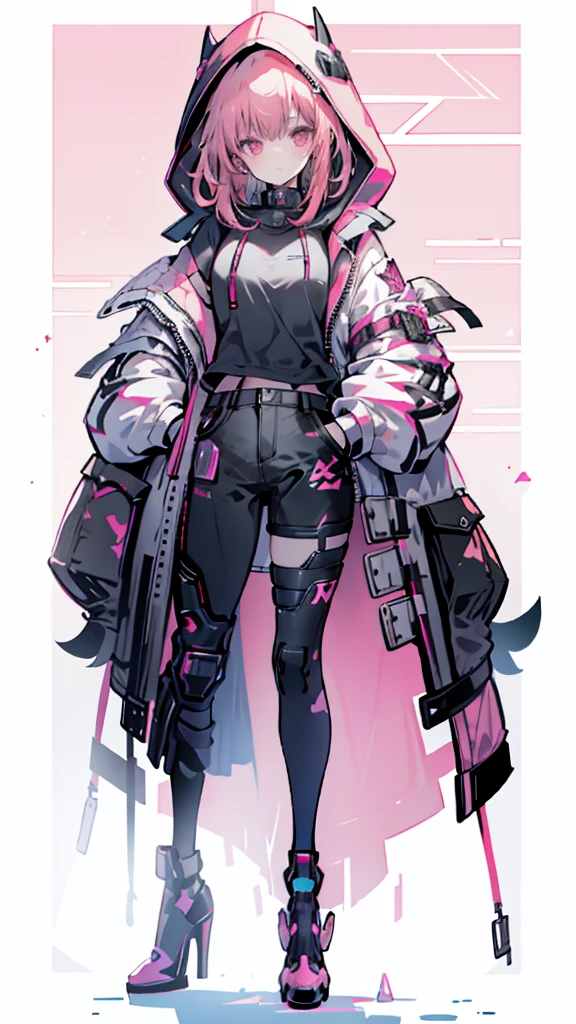 1 girl with red hair, pink eyes, cyberpunk style, hand in pocket, hoodie, pink starry background, black high heels