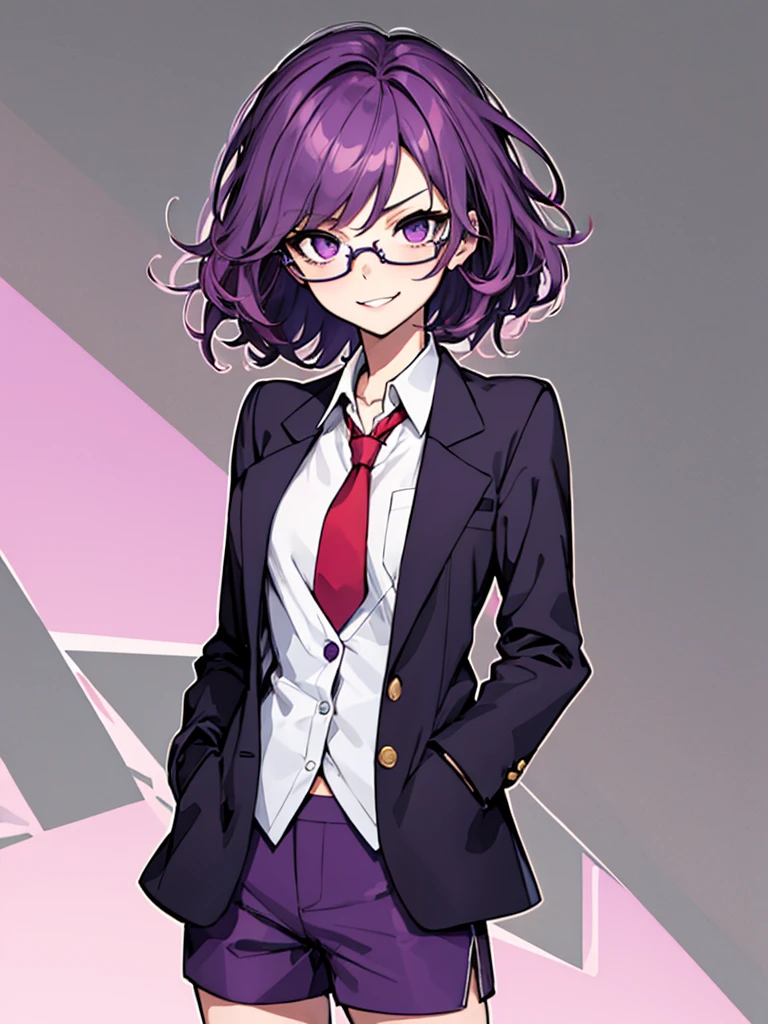 (masterpiece), best quality, expressive eyes, highres, best anatomy, cowboy shot, half body, 1girl, perfect face, perfect hands, female, short hair, messy hair, wavy hair, purple hair, side bang, purple eyes, fair skin, medium chest, slight smirk, purple glasses, purple shorts, tie, blazer, professional, button shirt, business, 1girl, solo, hands in pockets, friendly, bust outline, 