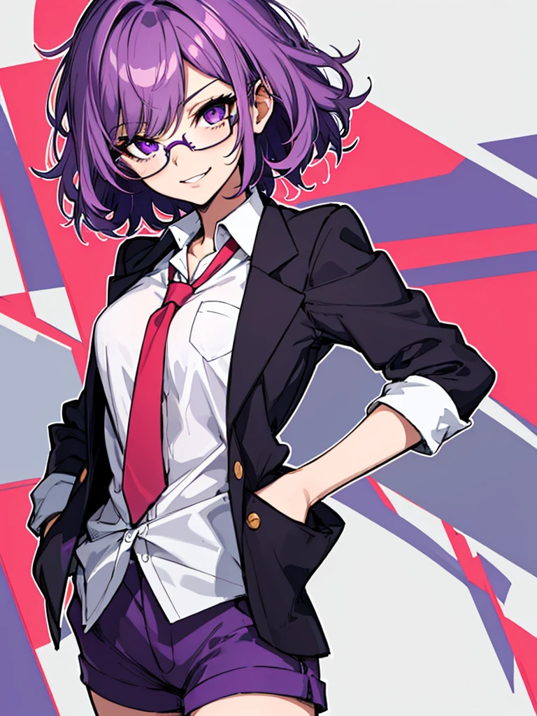 (masterpiece), best quality, expressive eyes, highres, best anatomy, cowboy shot, half body, 1girl, perfect face, perfect hands, female, short hair, messy hair, wavy hair, purple hair, side bang, purple eyes, fair skin, medium chest, slight smirk, purple glasses, purple shorts, tie, blazer, professional, button shirt, business, 1girl, solo, hands in pockets, friendly, bust outline, office background, office space,
