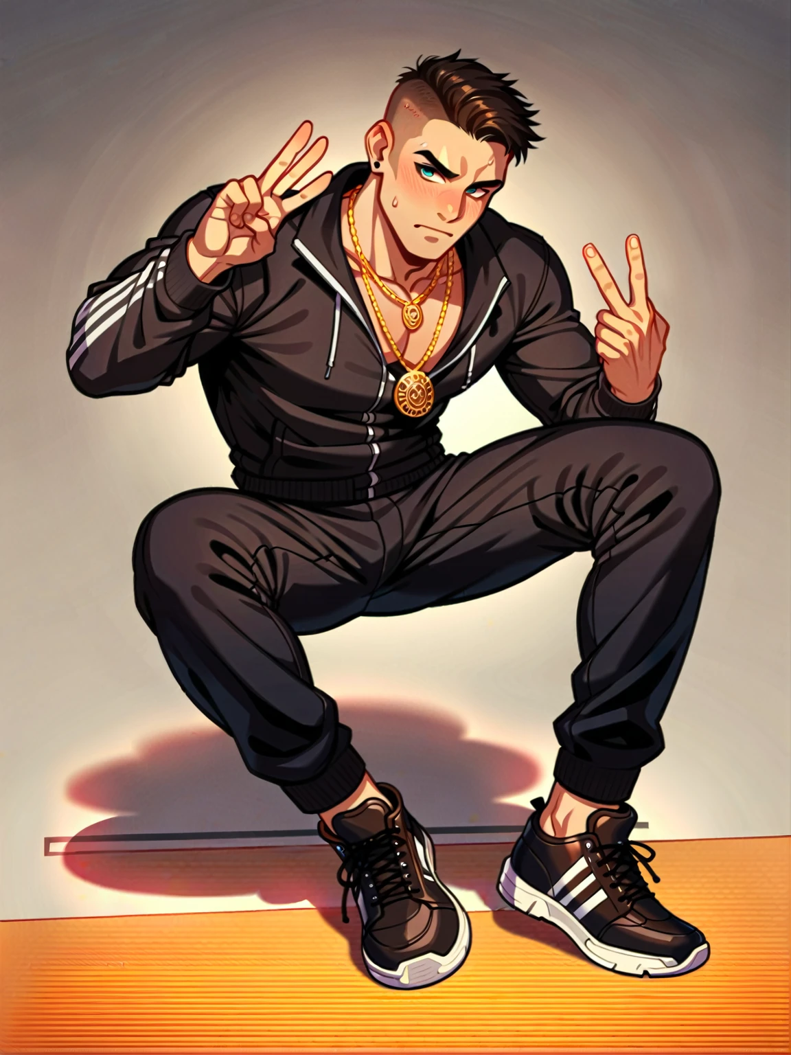 A cool golden bull wearing a peace necklace, black sweatsuit, black Jordan’s shoes
