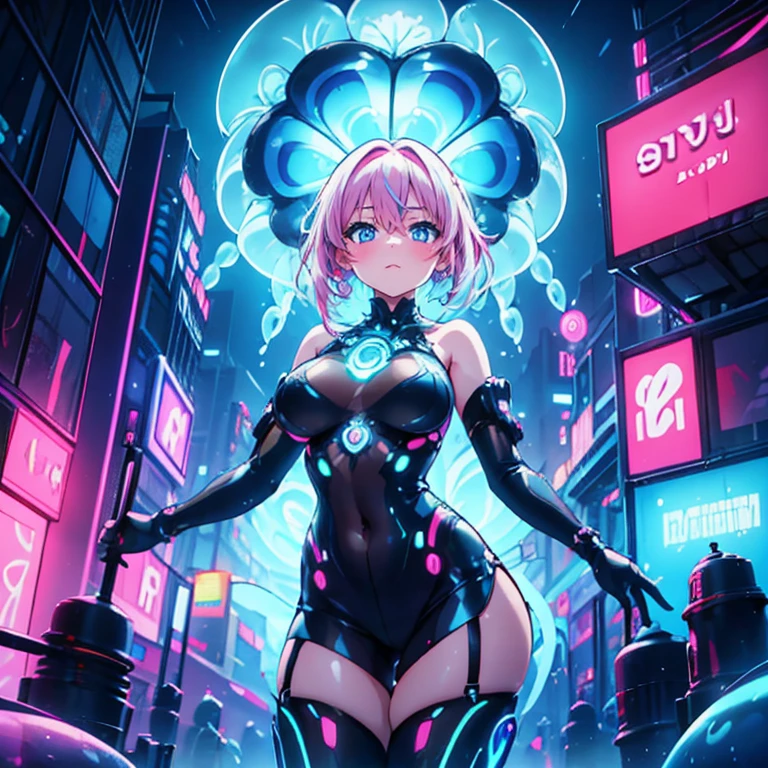 Anime Kawaii sexy Perfect Slim sensual body large breast and huge thighs, An intricate and highly detailed illustration of anime (Young girl). a beautiful young girl with short light colored hair, heterochromia eyes, in a futuristic night city, intricate cyberpunk cityscape, neon lights, dramatic lighting, cinematic composition, highly detailed, photorealistic, 8k, best quality, masterpiece Cinematic, Beautiful woman wearing jellyfish is listening to the image of underwater pink backlight all over her head, Bar lighting through floating hair seaweed, 8k, com rosto detalhado, detailed hair, O estilo de Van Gogh é Vibrante, detailed hair, detailedeyes, neon lig, glass style, A masterpiece of oil paints, Rainbow henna tattoo, steampunc, Neon glowing jellyfish, com rosto detalhado, detailed hair, Vibrant, 8k, magical, Surrealism, Pink neon light green and purple water, from low
