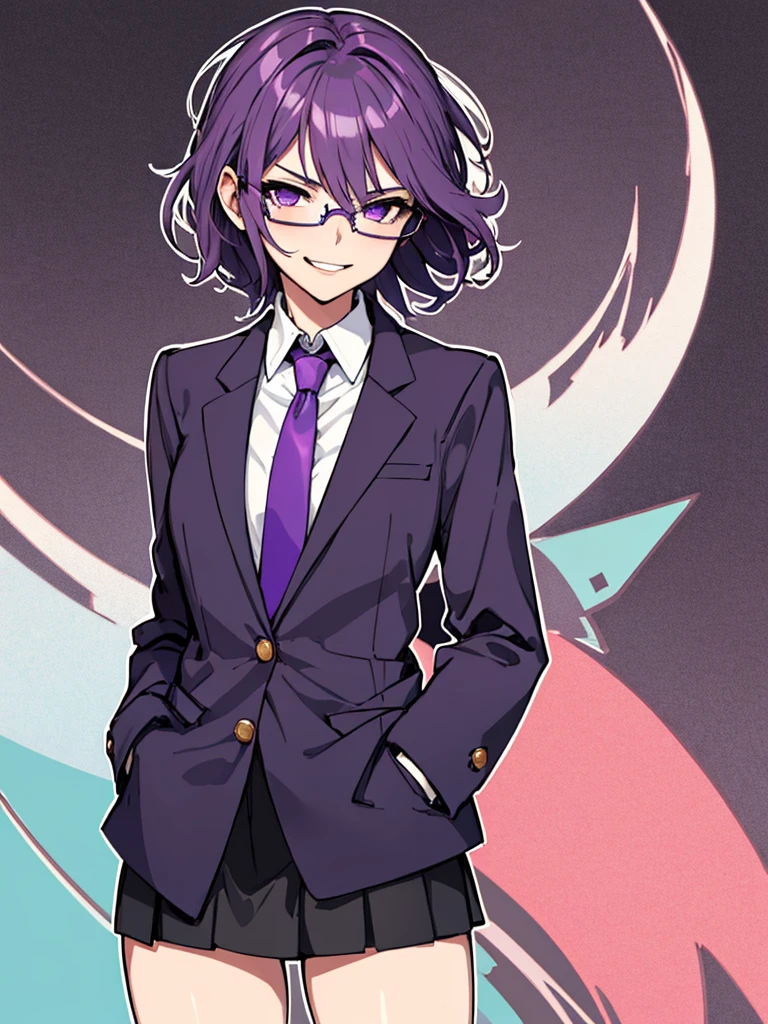 (masterpiece), best quality, expressive eyes, highres, best anatomy, cowboy shot, half body, 1girl, perfect face, perfect hands, female, short hair, messy hair, wavy hair, purple hair, side bang, purple eyes, fair skin, medium chest, slight smirk, purple glasses, purple skirt, tie, blazer, professional, button shirt, business, 1girl, solo, hands in pockets, friendly, bust outline,