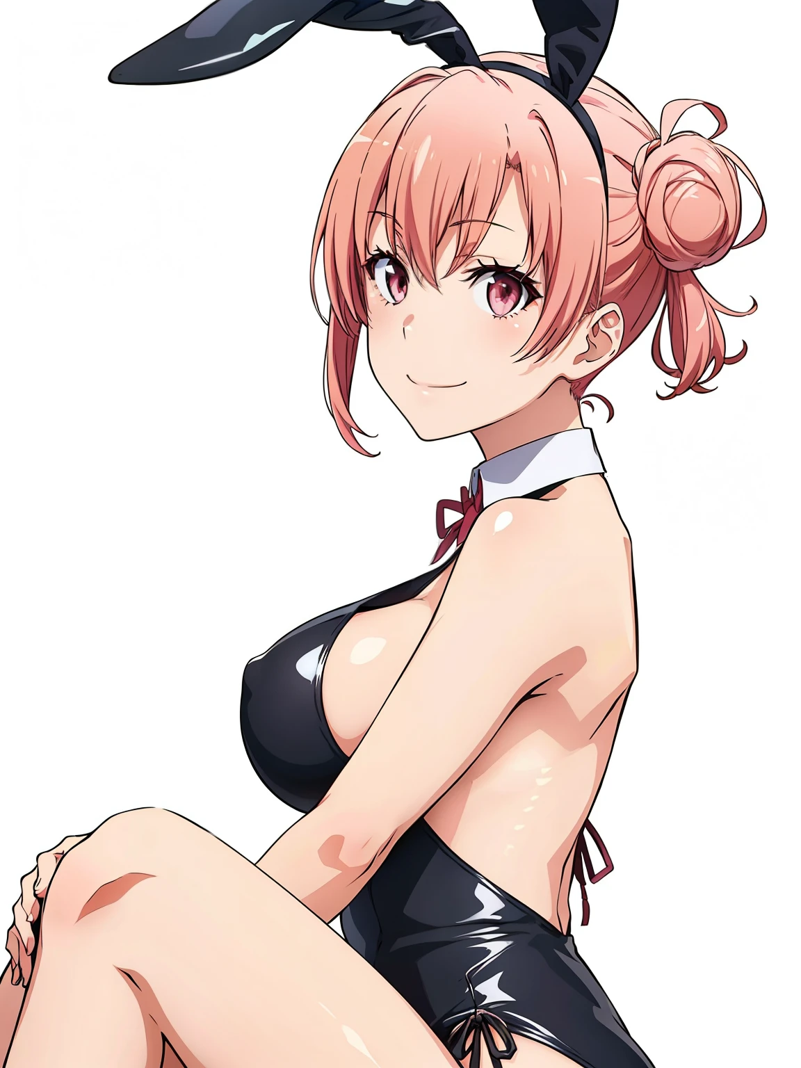 ((masutepiece, Best Quality, hight resolution, nffsw, Perfect Pixel, depth of fields, 4K, )), 1girl in, Solo, , Beautiful anime girl, Beautiful Art Style, close up, Looking at Viewer, Perfect body, side shot, Yuigahama Yui, Short hair, pink hair, pink eyes, hairbun, (large boob), side boob, sitting, black playboy bunny outfit, smile, hands on knees, blank white background