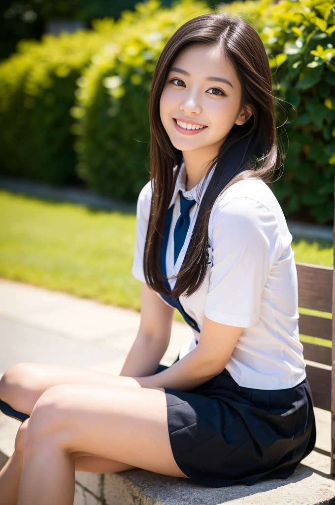 Pure young Japanese school girl, natural body, beautiful legs, wearing summer uniforms, natural black hair styles, impressive big brown eyes, no makeup, thick eyebrows, pure smile, refreshing in summer sunlight, feeling soft breeze in hair, sitting, relaxed pose, sexual attractive, professional portrait photography,