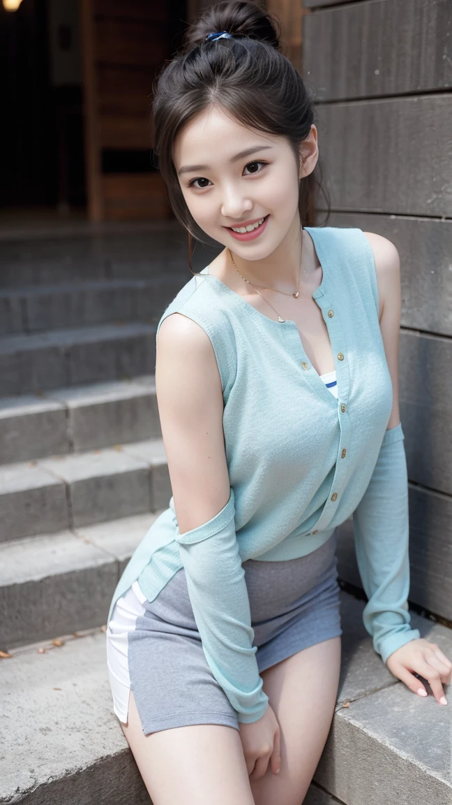 8K picture quality、high resolution、Realistic skin texture、high resolutionの瞳、Miss、Miss in the summer forest、Sleeveless knitted shirt、Short pleated skirt,Thin legs、sports shoes,Princess hairstyle、Thin、From below,From the front,Middle-parted bangs,quantities,Black Hair,Long hair,iris,beauty's eyes,Smile,、Radiant Skin,Glowing skin,Climb stairs,stairs,Beautiful leg line beauty,Attractive thighs,Full of sexiness,sensuous,Carefree Smile,Heal the mind,Low Ponytail,beauty,Long Neck,Smile,Large Breasts、(a charming smile:1.2), Brown hair、Large target、Sweat accumulates on the chest、Comb your hair up