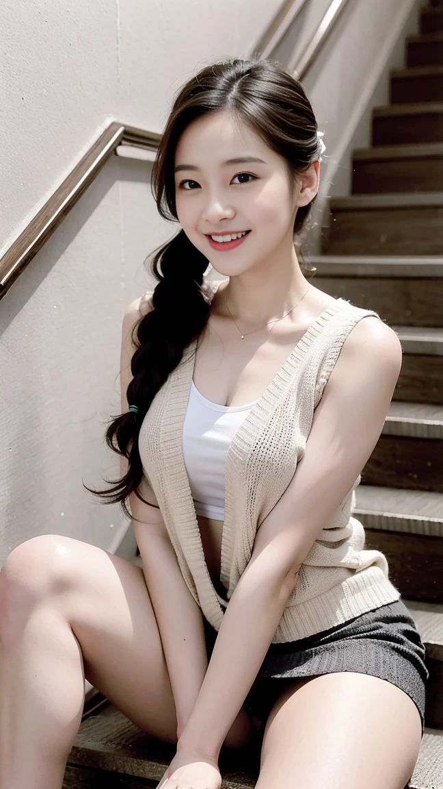  8K picture quality、high resolution、Realistic skin texture、high resolutionの瞳、Miss、Miss in the summer forest、Sleeveless knitted shirt、Short pleated skirt,Thin legs、sports shoes,Princess hairstyle、Thin、From below,From the front,Middle-parted bangs,quantities,Black Hair,Long hair,iris,beauty's eyes,Smile,、Radiant Skin,Glowing skin,Climb stairs,stairs，Beautiful leg line beauty,Attractive thighs,Full of sexiness,sensuous,Carefree Smile,Heal the mind,Low Ponytail,beauty,Long Neck,Smile,Large Breasts、(a charming smile:1.2), Brown hair、Large target、Sweat accumulates on the chest、Comb your hair up