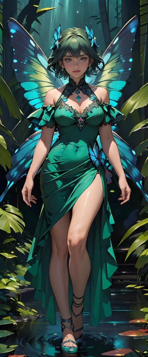 ((masterpiece, highest quality, Highest image quality, High resolution, photorealistic, Raw photo, 8K)), ((Extremely detailed CG unified 8k wallpaper)), character desing, fullbody, anime, short clothes, powerfull girl, chica magica, magic girl, A lone blue butterfly fluttering in the starry sky, Huge butterfly wings, (green glowing wings), green wings shining in the dark night, summer dress fluttering,