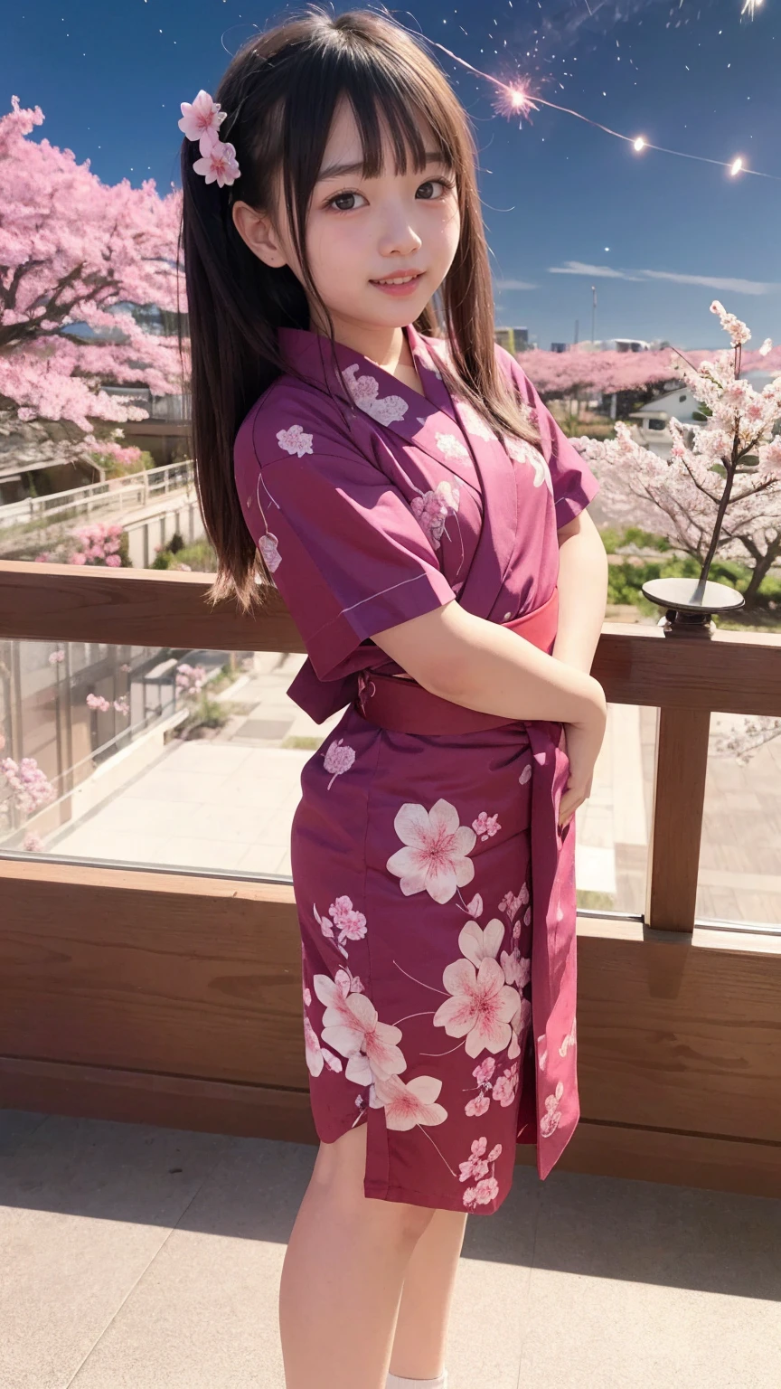 very cute、11 years old、girl、Straight Long Hair、yukata、firework、Night Sky、Cherry blossom trees、yukataの胸元がはだけている、
