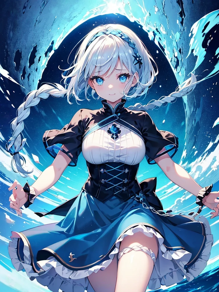 (Ultra Quality figure), Ultra detailed,((Top quality)),beautiful girl, (short white sky hair), ((braided short hair)), her eyes is shining , (highly detailed beautiful eyes), charming smile, Fantasy atmosphere feeling,blue sea scenary,((dream invited blue )) (storm spring)kawaii figure (Ghotic long skirt) ((Storm petal))