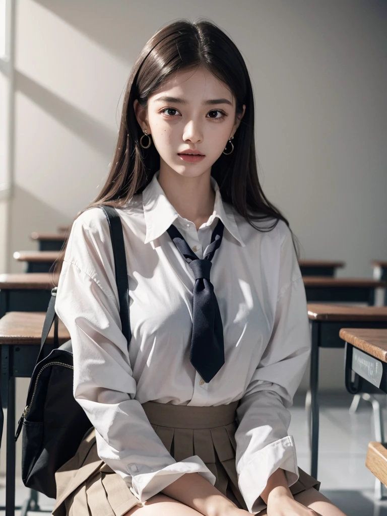 absurdres, RAW photo, extremely delicate and beautiful, masterpiece, Best Quality, ultra high resolution, 32k, hyperrealistic, ultra-detailed, 30 years old, very small head, very small face, delicate facial features, very detailed eyes and face, tearful mole, earring, very huge round breasts, medium hair, asymmetrical hair, (full body shot:1.2), indoor, short skirt, (school_uniform:1.2),