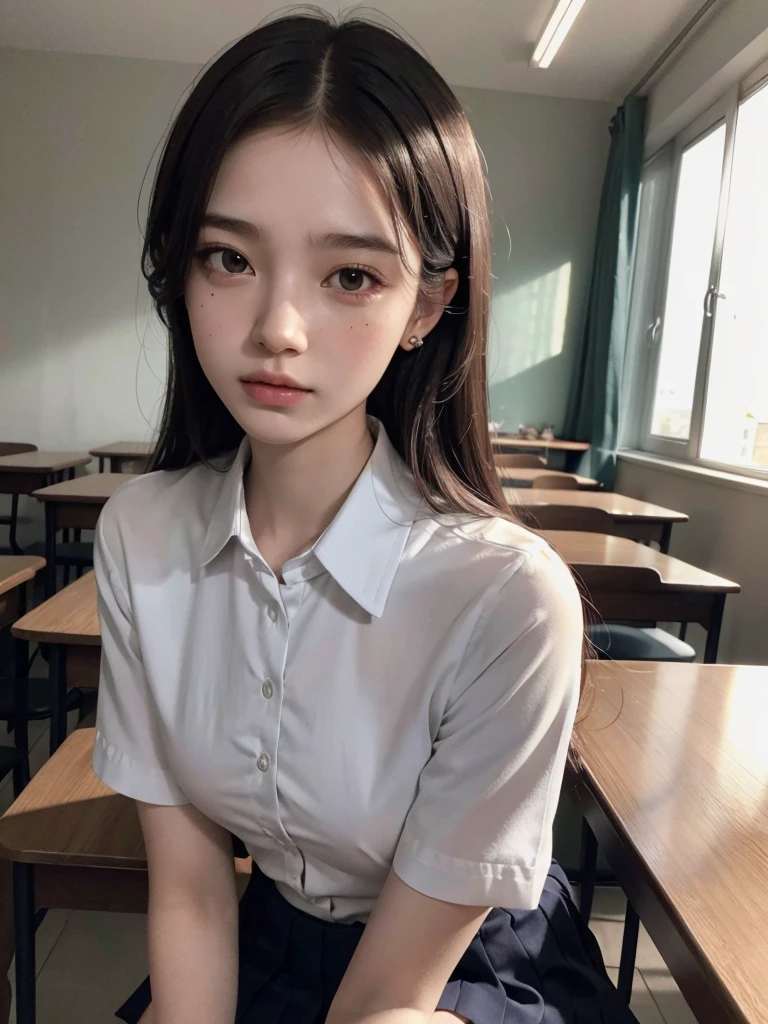 absurdres, RAW photo, extremely delicate and beautiful, masterpiece, Best Quality, ultra high resolution, 32k, hyperrealistic, ultra-detailed, 30 years old, very small head, very small face, delicate facial features, very detailed eyes and face, tearful mole, earring, very huge round breasts, medium hair, asymmetrical hair, (full body shot:1.2), indoor, short skirt, (school_uniform:1.2),