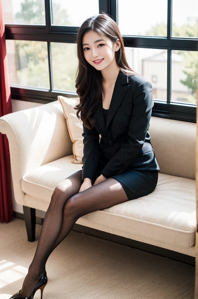Pure Japanese young girl, outstanding body, beautiful legs, wearing formal suits, pantyhose, high heels, vivid makeup and lips, thick eyebrows, formal black hair styles, sweet smile, professional portrait photography, sitting in bright room, near by bright sunlight window,