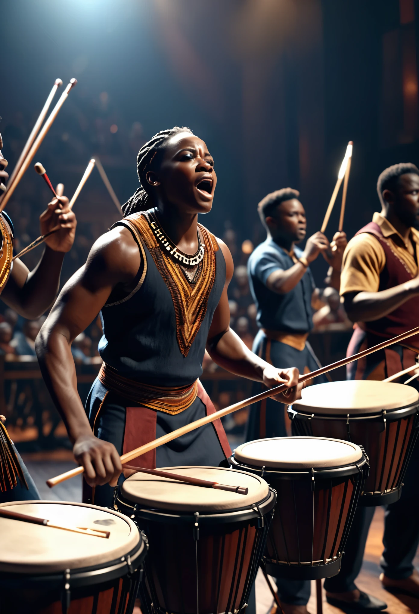 A black people orchestra performing an epic cinematic theme song in a theatre using african percussion like drums, xylophone,  banjos, flutes, 32k, ultra HD, unreal engine rendered, cinematic lighting, hyper-realistic image 