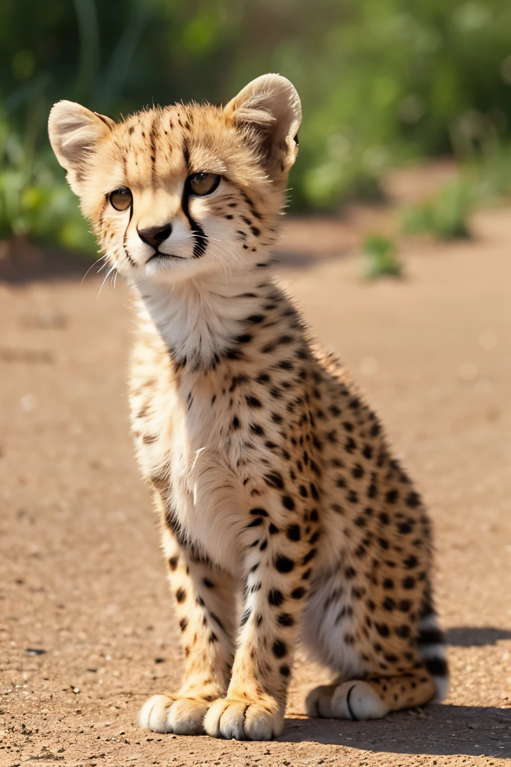 "Please draw a cute baby cheetah standing up in a deformed style.。Cheetah smiling、The background should be a simple color。Don't forget to draw in the cheetah's distinctive spots.、Create a bright and cheerful atmosphere。"