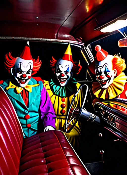 a bunch of creepy clowns inside a 1963 impala, cinematic, hyperreal, Ultrarealistic, Ultra detailed, dark lighting