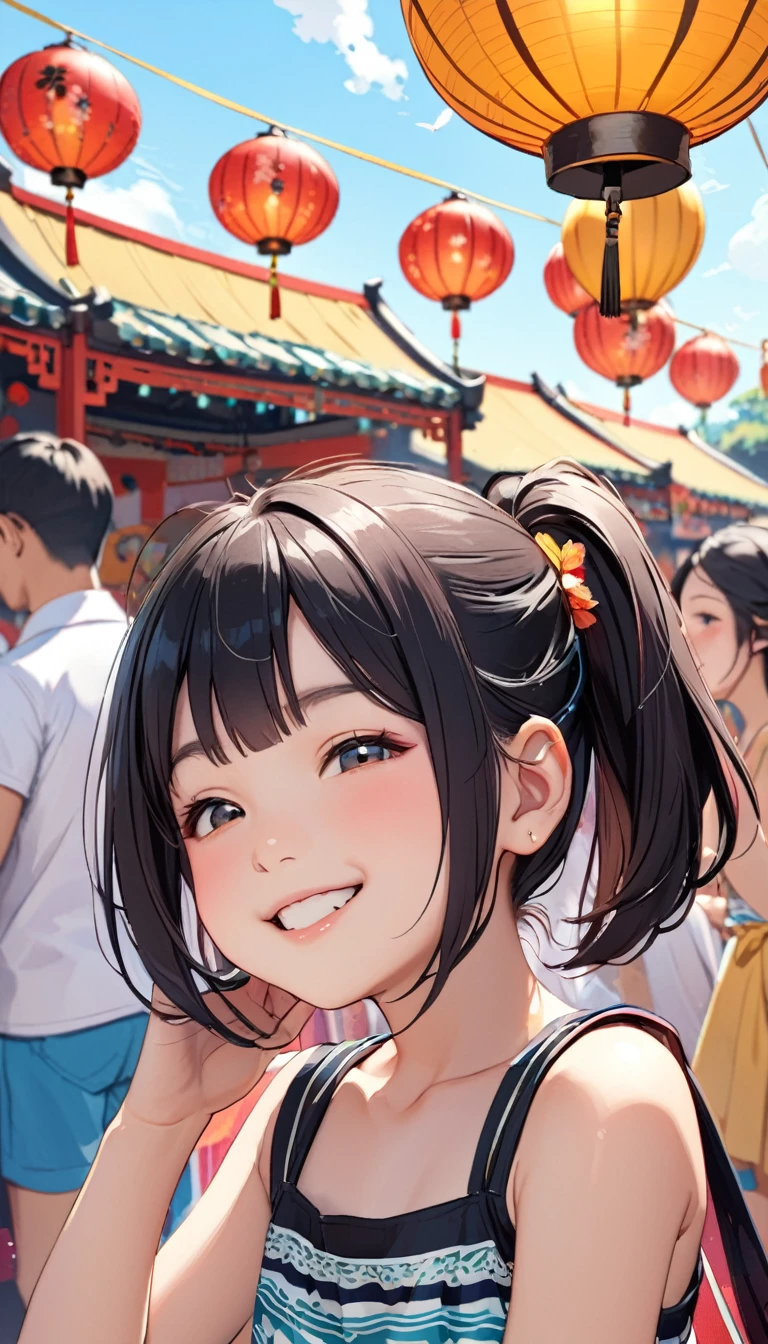 8 black haired girl,Summer festival,Elevation,Flushing,Close-up smiling face'Eyes wearing silver-white mirrored lens sunglasses、I looked at the world reflected in the lenses of my sunglasses...(Side Pony,Colorful Hair),