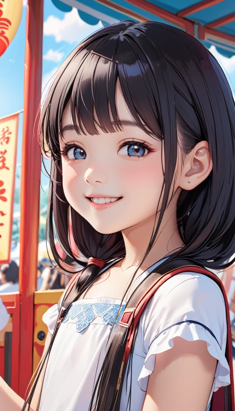 highest quality、realistic、Japanese、girl、zoom、look up、cute、Gray eyes、ponytail、black hair、all back、Forehead is coming out、Ocean、light blue swimsuit、joy、Grinning、face close up