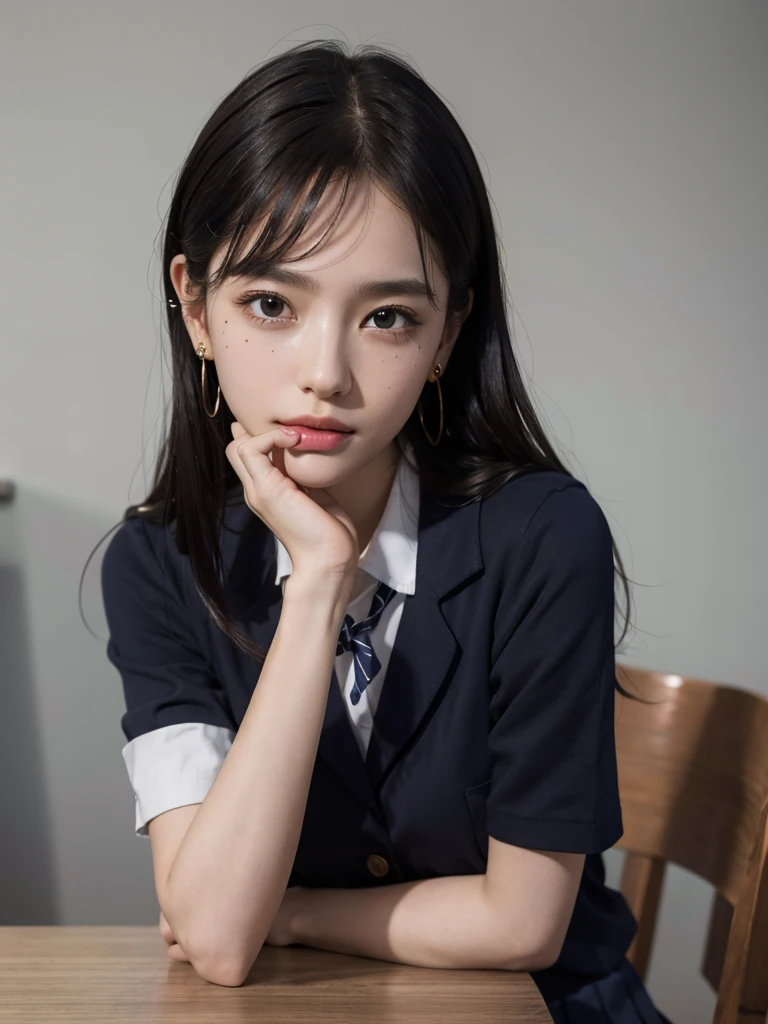 absurdres, RAW photo, extremely delicate and beautiful, masterpiece, Best Quality, ultra high resolution, 32k, hyperrealistic, ultra-detailed, 30 years old, very small head, very small face, delicate facial features, very detailed eyes and face, tearful mole, earring, very huge round breasts, medium hair, asymmetrical hair, (full body shot:1.2), indoor, short skirt, (school_uniform:1.2),