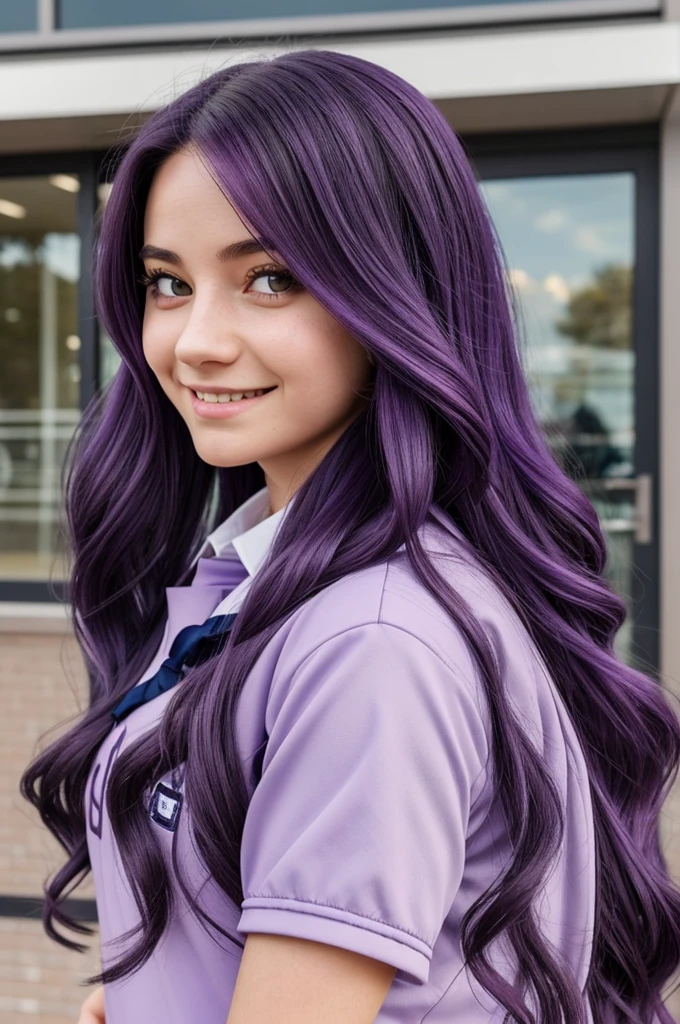 Create an oc from my yero academia, girl with long wavy dark violet hair, He has pastel lilac slanted eyes with a happy expression and is wearing the UA uniform and in the background he has a UA school class