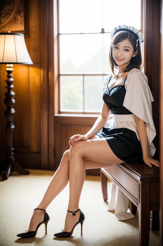 Pure Japanese young maid girl, outstanding body, beautiful legs, wearing traditional fresh maid dress and accessories, pantyhose, high heels, vivid makeup and lips, thick eyebrows, formal black hair styles, sweet smile, professional portrait photography, sitting in bright antique room, near by bright sunlight window,