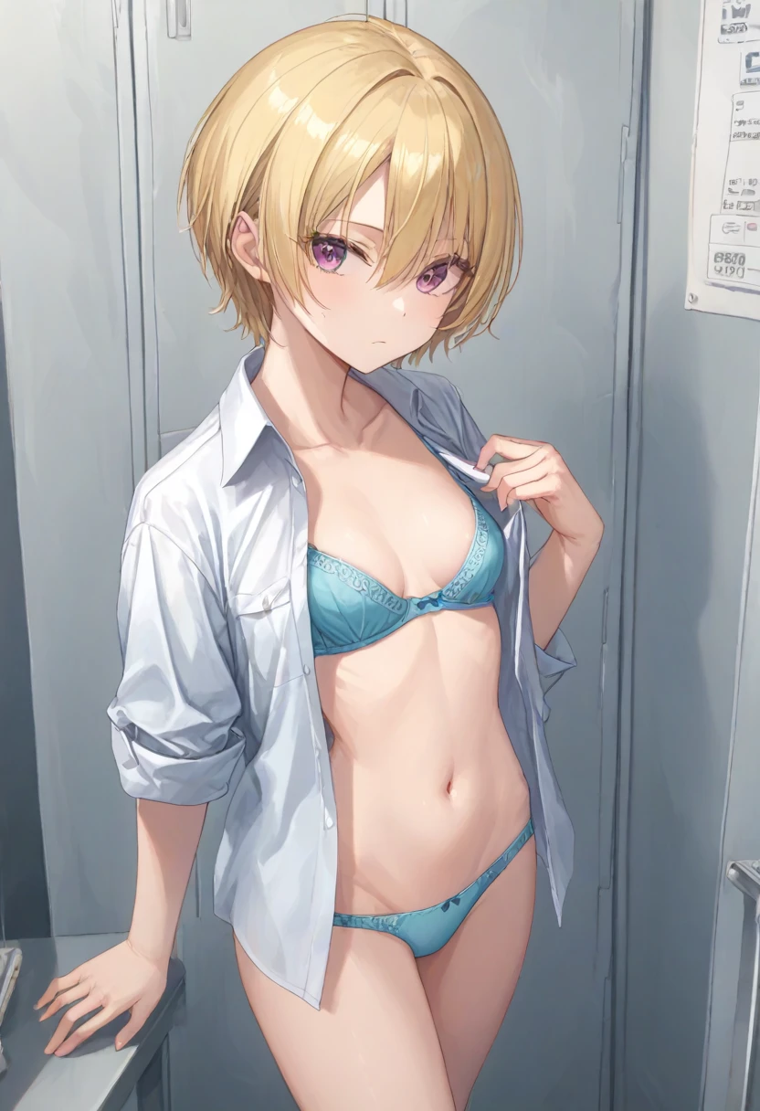 best quality ,masterpiece, 1girl, Kagamine rin , hair ribbon, bow, white shirt, sailor collar, no shorts, no pants, no skirt, fine detailed shiny eyes, flat chest, highres, wallpaper, 8k, best lighting, extremely detailed illustrations, blush, embarrassed, smile, ((realistic striped yellow bra and panties)), crotch seam, ((pantyshot)), cameltoe, White background , nsfw, , dynamic pose, dynamic angle, underwear, undressing, navel, spread legs