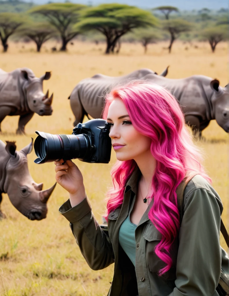 Very attractive 25 year old caucasian female with long wavy bright pink hair, on safari in Tanzania, photographing rhinos, photo quality
