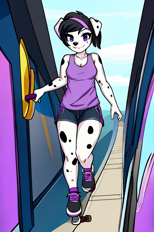 Dalmatian woman, purple sleeveless shirt, shorts negros, with a skateboard