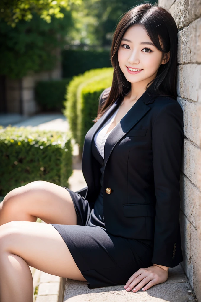 (Only one person), Pure Japanese young office girl, outstanding body, wearing formal business suits, (hose), high heels, formal makeup and lips, thick eyebrows, formal hair styles, sweet smile, sitting, spread wide legs, lift up skirt, soft sunshade, summer atmosphere, sexuaactive, secret temptation, professional photography,
