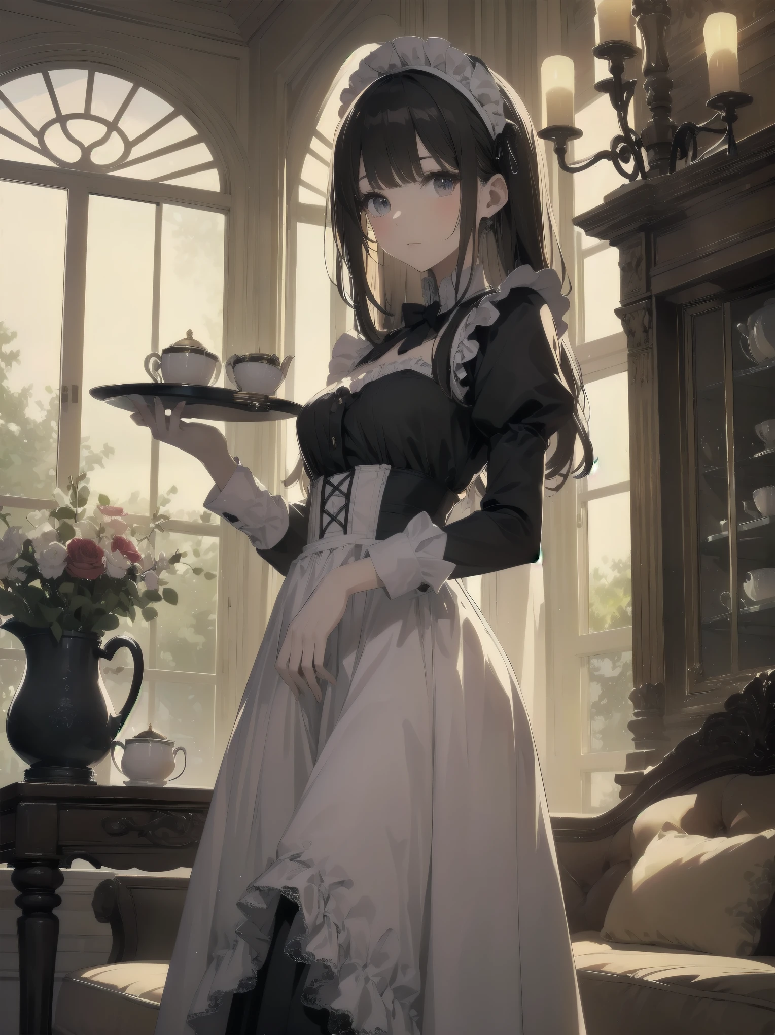 Illustration of a beautiful girl in a cute pose,(Masterpiece: 1.2), (Best quality: 1.2), A cute girl with long black hair, dressed in a classic black and white maid outfit with frilly lace and a matching headband, is standing in a beautifully decorated Victorian-style parlor. She is holding a silver tray with a teapot and teacup, her expression a mix of professionalism and warmth. The background includes ornate furniture, a chandelier, and large windows with heavy drapes, all bathed in soft afternoon light. This illustration emphasizes the elegant and welcoming atmosphere of a high-class tea service