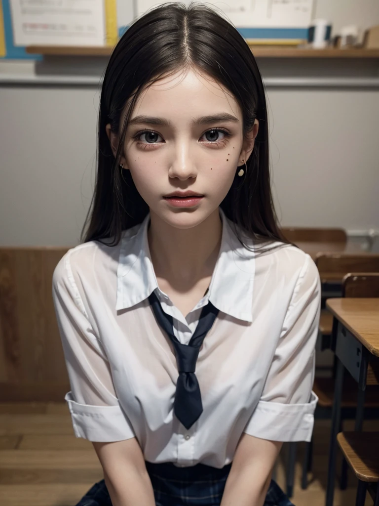 absurdres, RAW photo, extremely delicate and beautiful, masterpiece, Best Quality, ultra high resolution, 32k, hyperrealistic, ultra-detailed, 30 years old, very small head, very small face, delicate facial features, very detailed eyes and face, tearful mole, earring, very huge round breasts, medium hair, asymmetrical hair, full body shot, indoor, short skirt, (school_uniform:1.2),