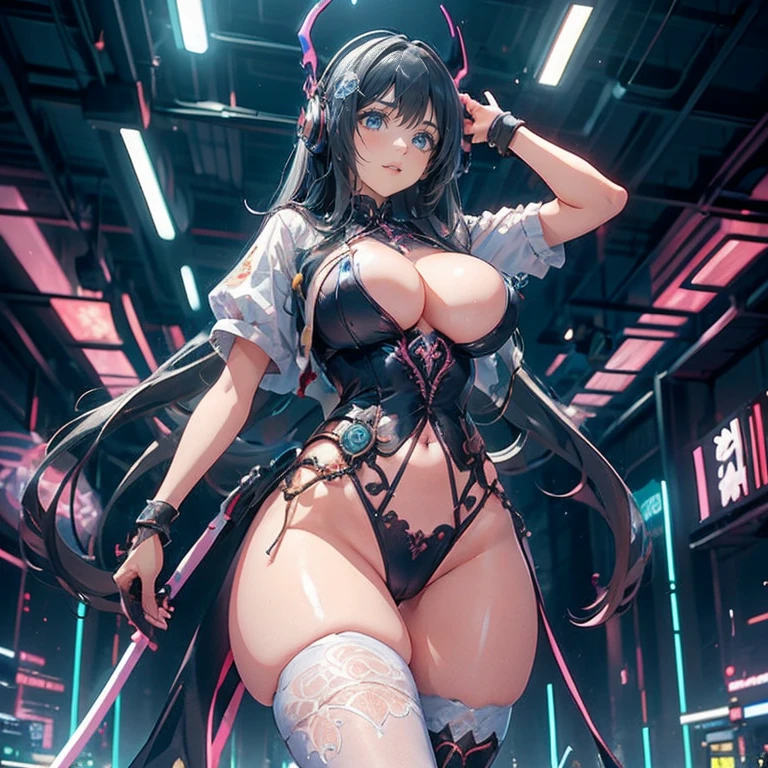 Anime Kawaii sexy Perfect Slim sensual body large breast and huge thighs, An intricate and highly detailed illustration of anime ( girl). personagem de anime, futurista, ciberpunk, holding a microphone in the right hand Walking while singing Headphones with futurista neon lights, body preto, cabelo preto comprido, elementos da cibernet, Mulher guerreira, mais alta qualidade, Brilho do macacão, Bela expressão, aquarela, Detalhes vívidos no body,