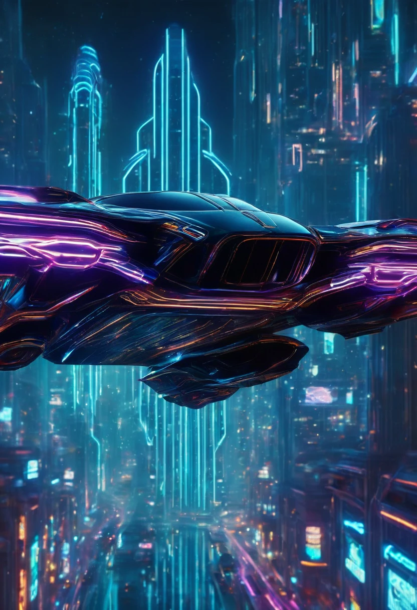 A neon lit flying space car moving in a cyberpunk city lit by neon lit African designed buildings and neon lit billboards, night time, 32k, ultra HD, cinematic lighting, unreal engine rendered, octane 3d rendering, cyberpunk sci-fi scene. 