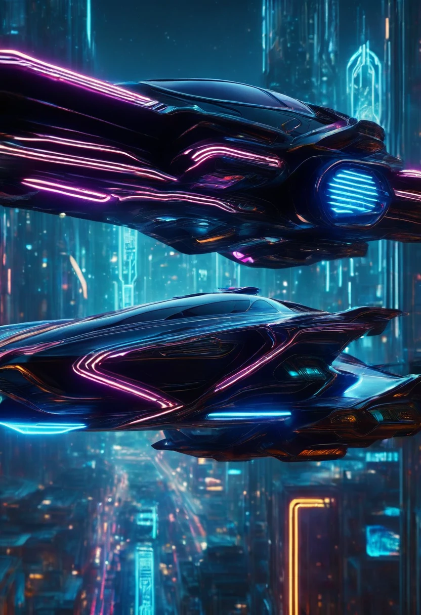 A neon lit flying space car moving in a cyberpunk city lit by neon lit African designed buildings and neon lit billboards, night time, 32k, ultra HD, cinematic lighting, unreal engine rendered, octane 3d rendering, cyberpunk sci-fi scene.