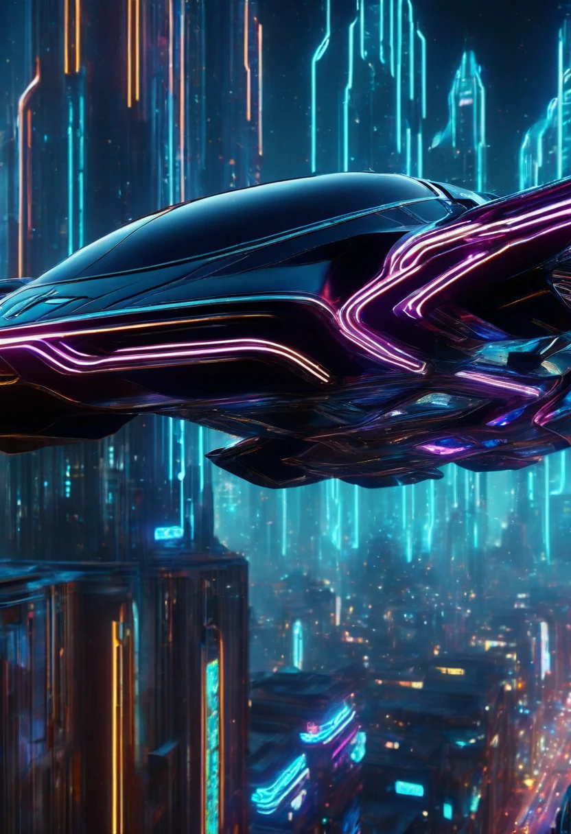 A neon lit flying space car moving in a cyberpunk city lit by neon lit African designed buildings and neon lit billboards, night time, 32k, ultra HD, cinematic lighting, unreal engine rendered, octane 3d rendering, cyberpunk sci-fi scene.