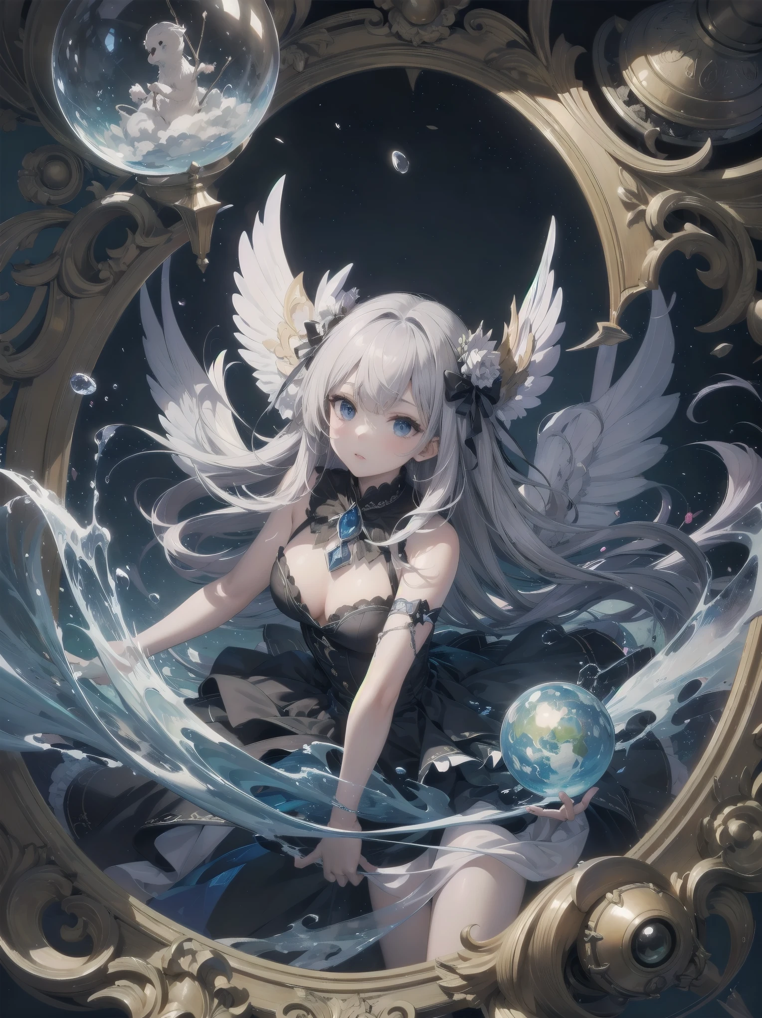 Masterpiece, illustration, high quality, 100 trillion ppi, high quality, dynamic angle, "student looking into silver sphere", silver sphere, looking into, curious, expectant, student, official art, super detail