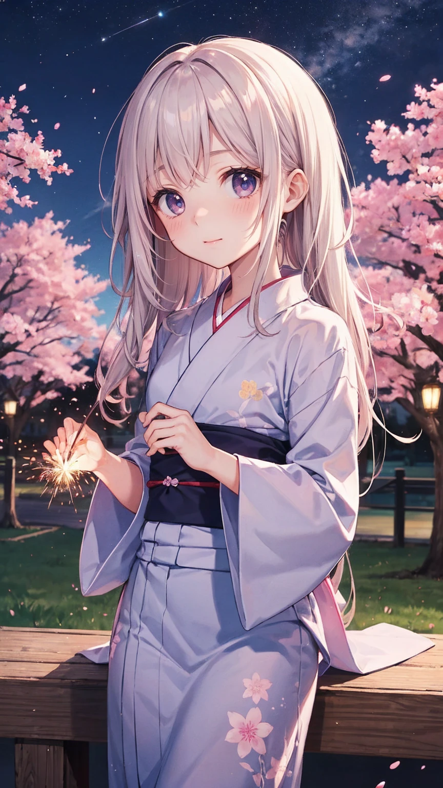 very cute、11 years old、girl、Straight Long Hair、yukata、firework、Night Sky、Cherry blossom trees、yukataの胸元がはだけている、