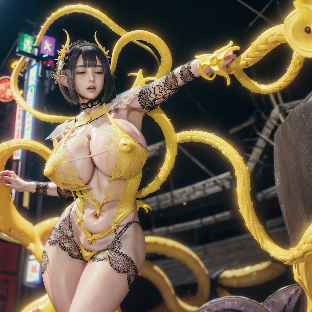 high quality, masterpiece, Very detailed, 8k, A beautiful 16 year old Japanese girl:1.5, Small face, Black Hair, short hair, blunt bangs, Breast Augmentation Surgery, (A gorgeous lace yellow magical girl heroine swimsuit:1.5), (A woman bound by tentacle rope:1.4), remote_play, remote_Vibrate、 (climax:1.3), Close ~ eyes、 height:152cm、 Ecstatic expression、 Raise your arms、 Very detailedな臭い脇の下、 Intersection in Shinjuku