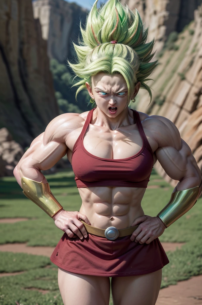 masterpiece, Highest quality, Berserk Kale, Green Hair, Muscular woman, No students, Red small tight skirt, Braces, abdomen, View your viewers, Open your mouth, Frowning, anger, Rock layers, Are standing