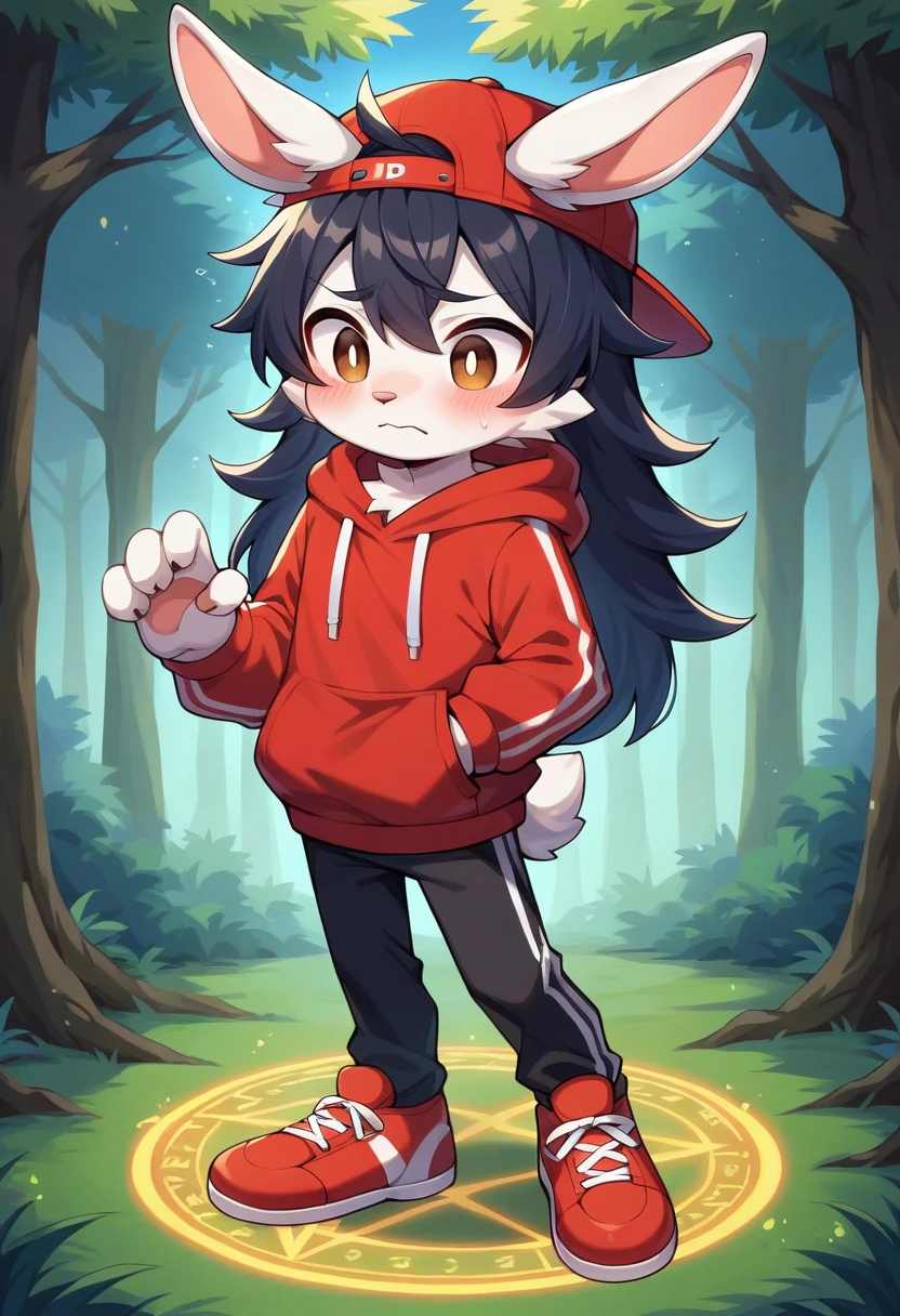 masterpiece, best quality, expressive eyes, perfect face, a man get transformed into a furry toddler bunny, furry bunny, white fur, bunny tail, bunny ears, solo, surpriced, blushed, black hair, long hair, red baseball cap, black shirt, red hoodie, black sports pants, red sport shoes, brown eyes, full body, in a magic forest, glitter, embarrassed pose, magic circle on the floor. 