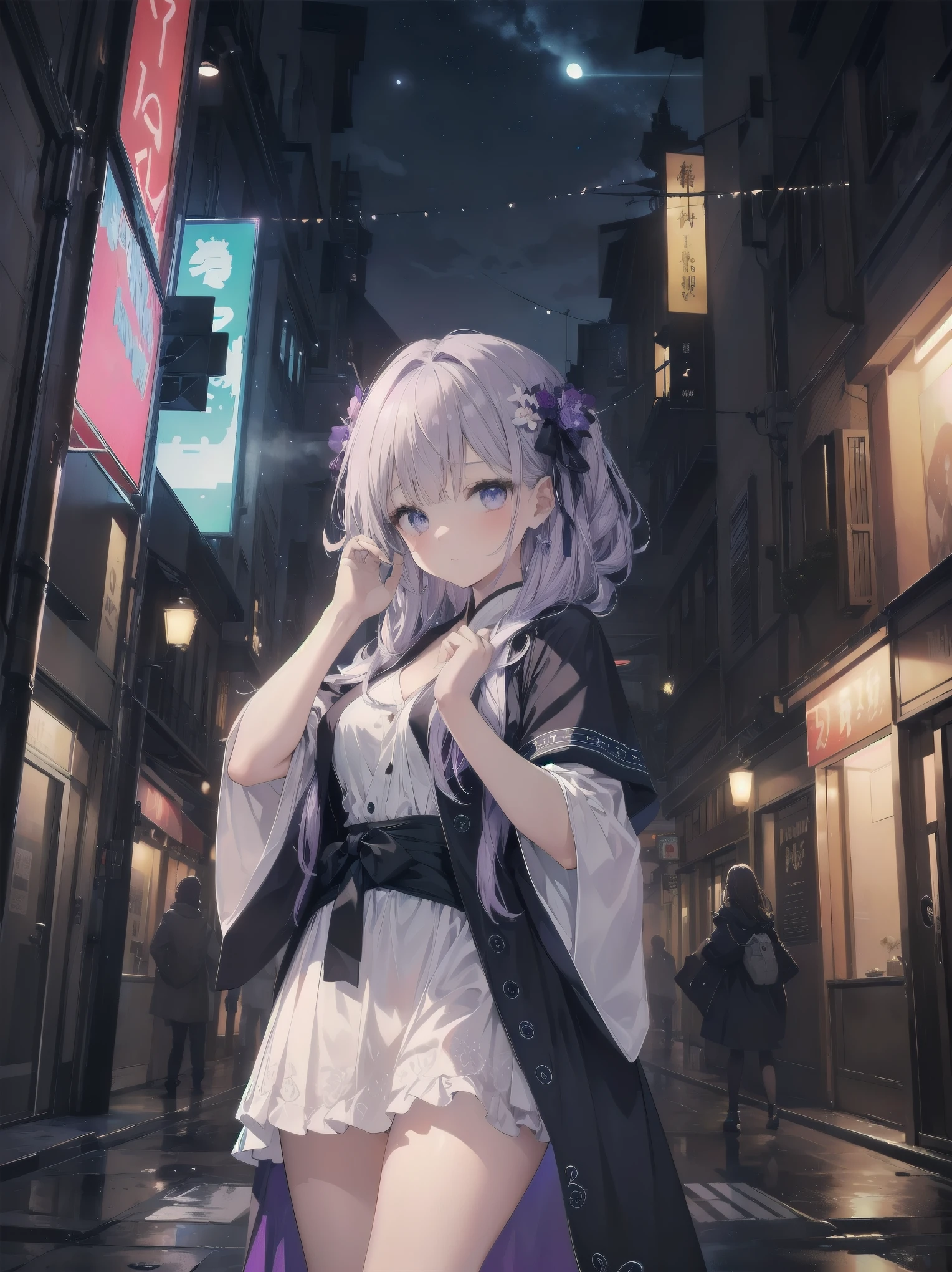 masterpiece, 8k, Highest quality, Very detailed, Purple & A beautiful girl in a blue magical robe with a moon motif、Close-up on the characters、(building, city、A dense fog of fluorescent particles、1800Era、Western style、Fiction、grow、Overwhelming、Detailed street)、A beautiful girl with a beautiful background and a super cute pose