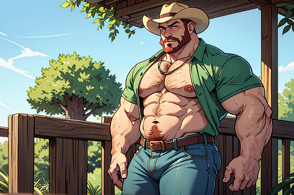 Tremendously huge and mega beefy cowboy Beefcake, Red hair, green eyes, huge thick thighs, colossal meaty butt, blue jeans, erect penis, big penis, body hair, hairy chest, straw cowboy hat, huge muscular chest, protruding pectorals, unrealistically oversized pecs, leaning on a short fence.