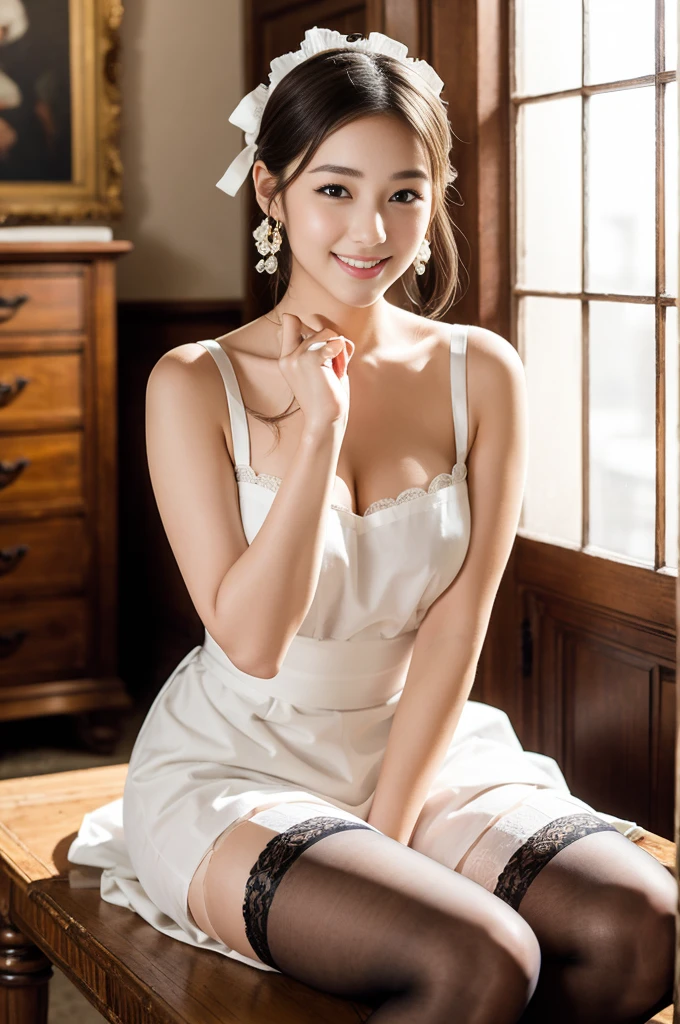 Pure Japanese young maid girl, outstanding body, beautiful legs, wearing traditional fresh maid dress and accessories, stockings, high heels, vivid makeup and lips, thick eyebrows, arranged hair styles, sweet smile, professional portrait photography, sitting in bright antique room, near by bright sunlight window, 
