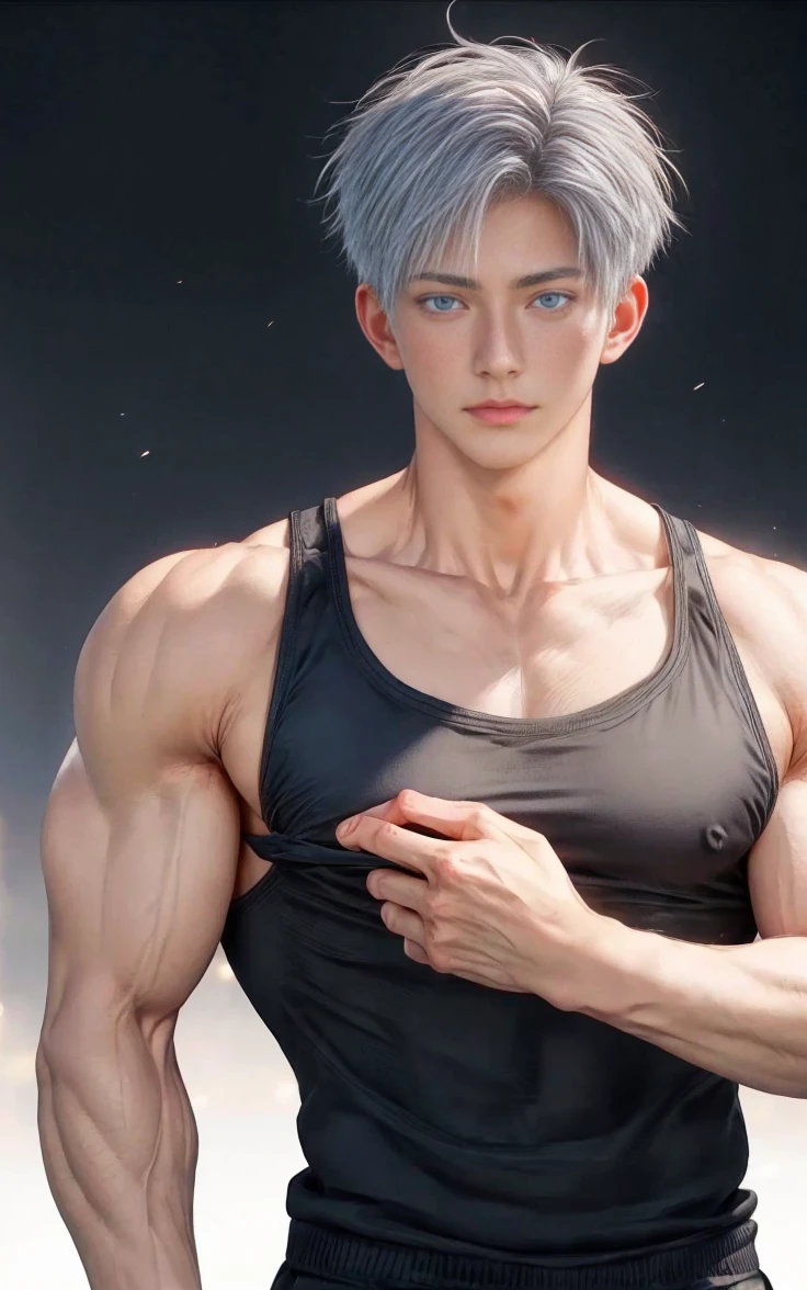 1boy, adult, handsome, perfect face, detailed eyes and face, clean shaved, muscular, capturing a rural atmosphere, dynamic lighting, unreal engine 5, hd picture, satoru gojo, white hair, short hair ,hair between eyes ,blue eyes, white skin