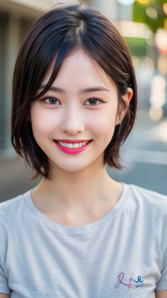 Dressed, (photo Realistic:1.4), (hyper Realistic:1.4), (Realistic:1.3),
(Smoother lighting:1.05), (Improving the lighting quality of movies:0.9), 32K,
One girl,20 year old girl, Realistic lighting, Backlight, Light on the face, Ray-tracing, (Bright light:1.2), (Improvement of quality:1.4),
(Highest Quality Real Texture Skins:1.4), Detailed drawn eyes, Detailed painted face,
(tired and sleepy and joy:0), (smile:1.4), Face close-up, T-Shirts,
(Enhance the mood of your body line:1.1), (Enhances the beauty of skin texture:1.1)