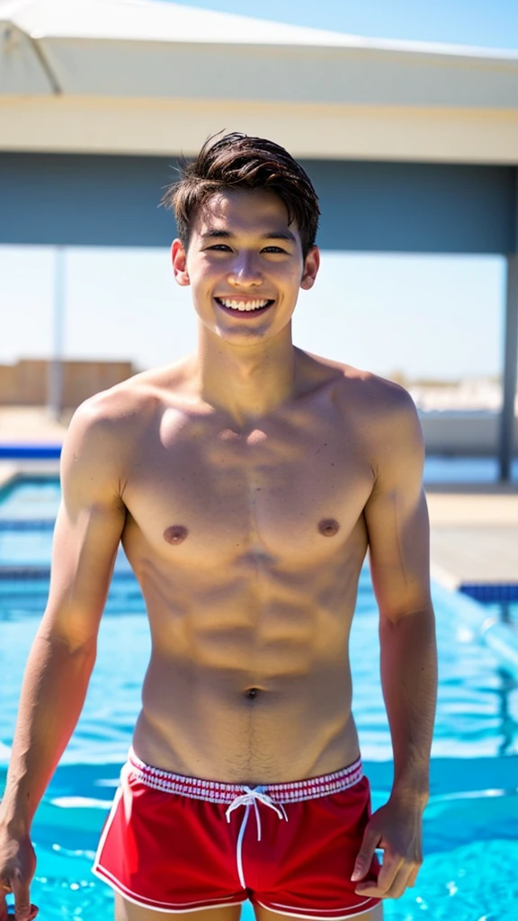 male Age 28 swimwear lifeguard topless smile