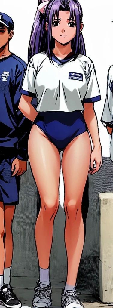 Momoko Koigakubo, a tall girl with beautiful legs, is standing with a smile on her face in a white gym uniform and light navy blue bloomers that look like panties.。Momoko Koigakubo is holding the shoulders of a boy wearing a tracksuit who is slightly shorter than her.。