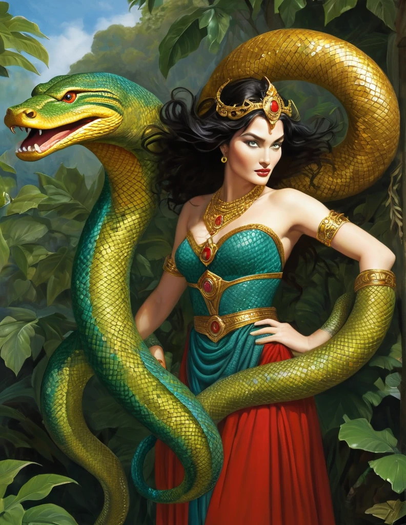 Dans le Monde de conan, Anumkhet est une Stygienne et une figure complexe et envoûtante. Elle possède une beauté ensorcelante qui attire immédiatement l'attention, avec une peau écailleuse qui brille légèrement à la lumière des torches du temple. Ses yeux captivants, d'un doré hypnotique, ont une pupille fendue semblable à celle d'un serpent, reflétant à la fois la sagesse ancienne et la cruauté prédatrice.
Ses traits faciaux sont délicats mais aussi marqués par une certaine rigueur, une détermination qui transparaît dans chaque mouvement qu'elle fait. Ses crochets, dissimulés sous des lèvres douces mais fermes, sont une indication silencieuse de la nature dualiste qui réside en elle : la beauté et le danger, l'humanité et la bête.
Anumkhet porte souvent des vêtements qui mêlent la splendeur royale à la sobriété pratique, des étoffes drapées qui suggèrent à la fois la majesté et l'humilité de sa position. Sa présence est empreinte d'un mélange de mystère et de puissance, capable d'inspirer à la fois la crainte et l'admiration parmi ceux qui la rencontrent.
Elle se déplace avec une grâce féline, mais chaque geste révèle une tension intérieure, une lutte constante pour maintenir l'équilibre entre ses deux natures antagonistes. Anumkhet incarne ainsi la quintessence de la Stygie antique : une terre de magie et de mystère, où les divinités marchent parmi les mortels et où chaque individu porte en lui les cicatrices du passé et les promesses de l'avenir.